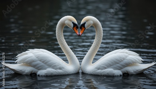 Fototapeta Naklejka Na Ścianę i Meble -  Close up Two Swans Forming Heart Shape on Dark Water Swan Love