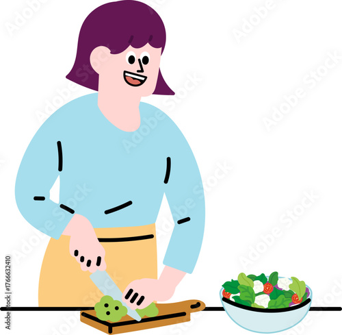 Woman Cooking Fresh Meal in Kitchen채소썰기