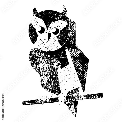 Owl perches calmly on branch in stylized illustration