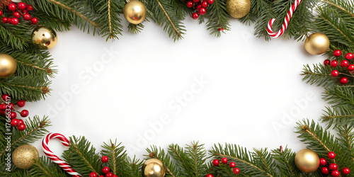 Gold and green Christmas frame border with fir tree branches, cones, and holiday ornaments