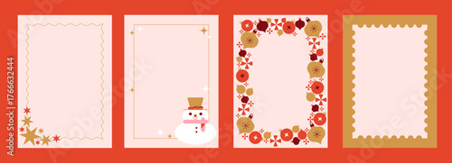 Merry Christmas greeting card Set. Beautiful Xmas art design in trendy retro doodle style with bow and ribbon frames and stripes. Xmas art banner, poster, cover templates.