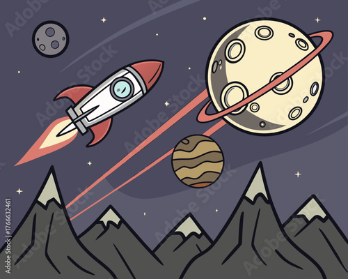 A rocket flies through space past planets and mountains on an alien world
