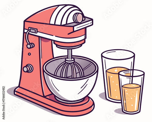 A red stand mixer and two glasses of orange juice