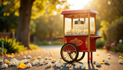 Mini popcorn machine in modern style with popcorn on the ground  