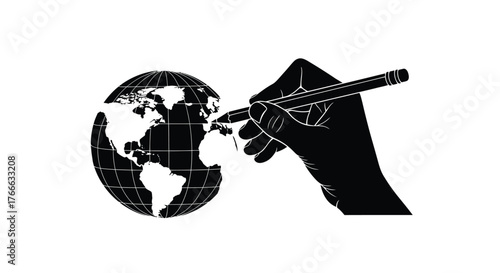 A hand holding a pen appears to draw or shape the world