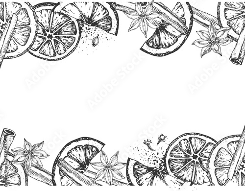 A seamless graphic vector border with oranges, cinnamon, star anise, and cloves. A black and white spice template for label and packaging design for Christmas sweets and mulled wine.