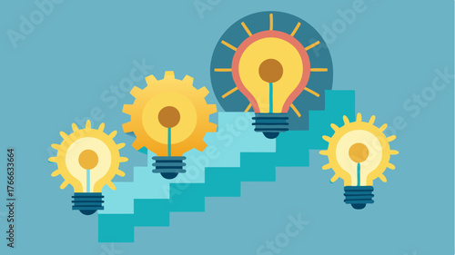 An upward spiraling arrangement of transparent gears with bright light bulbs glowing at the tips symbolizing growth through innovation and new ideas.