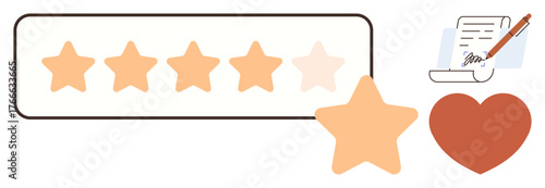 Five orange stars for rating, highlighted heart, signed document with pen. Ideal for customer satisfaction, reviews, feedback, loyalty, ratings quality evaluation emotional connection. Clean