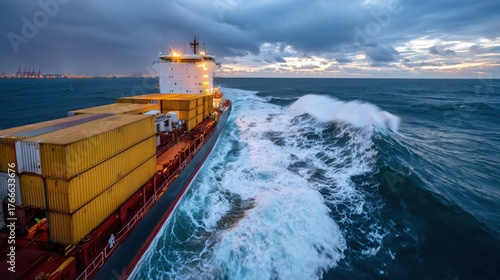 Cargo Ship Navigating Rough Seas Under Dramatic Cloudy Sky at Sunset