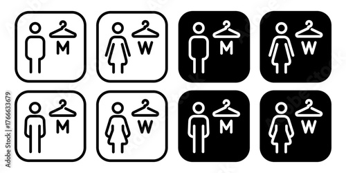 Changing room icons big set with male and female symbols. Outline and filled vector illustrations with clothes hanger signs for wardrobe, locker room or dressing area navigation and signage design