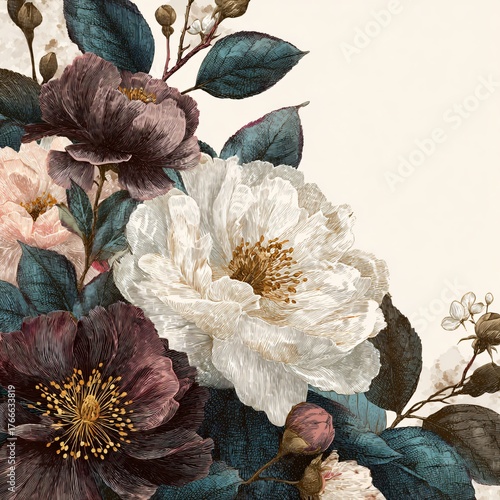 Elegant Peony Art: Vintage Botanical Floral Arrangement with Moody Color Palette on Cream Background for Home Decor and Wall Art