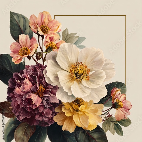 Vintage Floral Design: Peonies, Roses, & Blossoms in Elegant Pastel Arrangement for Artistic Botanical Illustration and Wedding Decor
