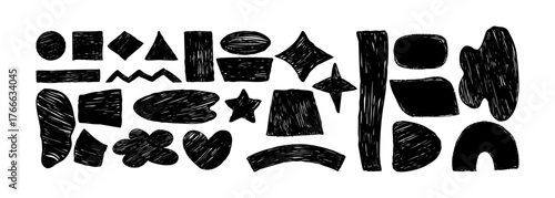 Abstract Black Silhouette Freeform set. Curvature Chalk Hand Drawn various Shapes, Curls, Geometric Forms, Heart, Star and doodle objects. Isolated Vector textured drawings scrawls. Not AI