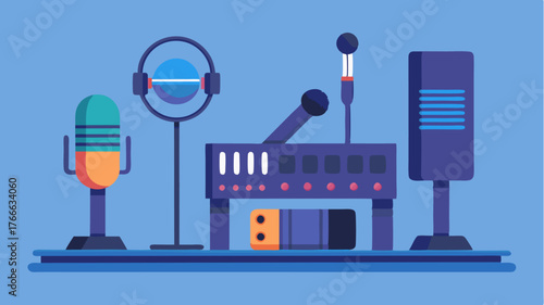 A detailed illustration of wireless podcasting equipment including portable microphones and compact digital mixers on a sleek studio table.