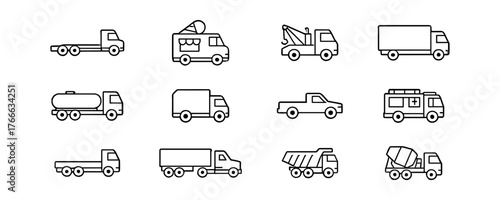 Set of 12 Line Drawings of Various Vehicles in Black and White