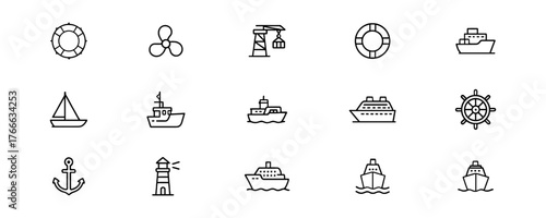 Nautical Line Icons Set in 4x4 Grid