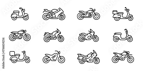 Various Two-Wheeled Vehicles Line Icons Set