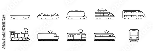 Set of ten black and white line drawings of different train cars and engines