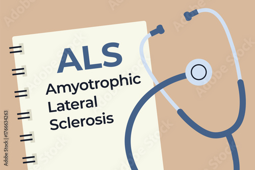 ALS Amyotrophic Lateral Sclerosis written in a spiral notebook; ideal for use in educational materials, awareness campaigns, and medical presentations- vector illustration