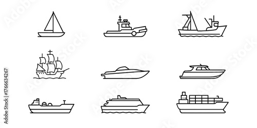 Collection of Line Drawings of Boats and Ships