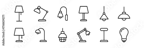 Set of Line Icons of Various Lamps and Lighting Fixtures