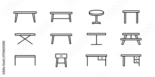 Set of 12 Simple Line Drawings of Different Table Designs
