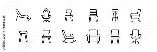Collection of Twelve Black and White Chair Designs in Line Art Style