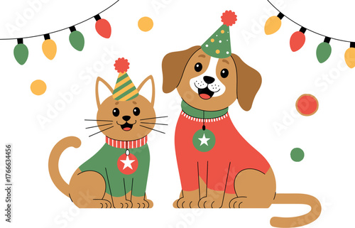 A cat and dog wearing festive hats and sweaters celebrate with lights