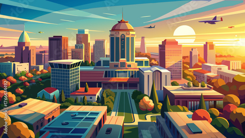 Very beautiful, 4K Ultra HD drone shot of morning sunlight on downtown buildings in Fresno, California, city skyline, glowing rooftops, urban landscape, clear skies, and serene early morning atmospher