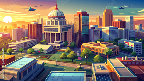 Very beautiful, 4K Ultra HD drone shot of morning sunlight on downtown buildings in Fresno, California, city skyline, glowing rooftops, urban landscape, clear skies, and serene early morning atmospher