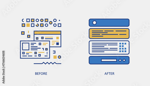 Before and after abstract showing chaotic, scattered ui elements and data transformed into a clean, structured interface with organized blocks, clear flow and efficient layout