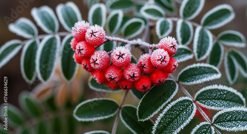 Frosty rowan berries create a winter scene. Perfect for Christmas cards, seasonal greetings, winter marketing, nature-themed designs. A touch of icy beauty.