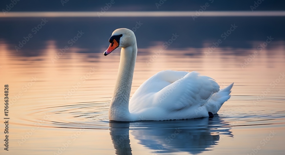 Fototapeta premium Elegant Swan Gliding on Calm Lake at Sunset.