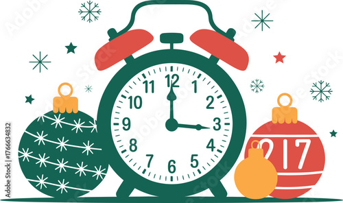 A festive alarm clock and Christmas ornaments celebrate the new year.