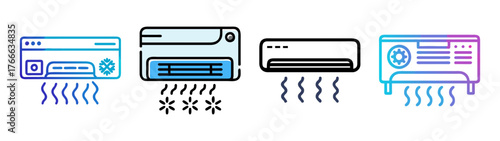Four different air conditioning units blowing cool air icons for climate control