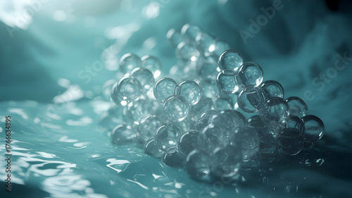 Macro photography of transparent gelatinous spheres clustered together in aquatic environment