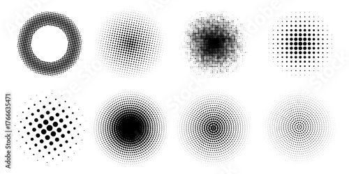 Dot pattern halftone. Half radial icon. Tone raster frame. Gradient round logo. Comic brushstroke. Element noise texture. Gradation graphic design print. Fade points