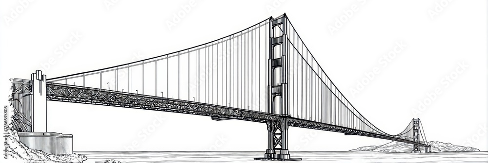 Obraz premium Golden Gate Bridge Outline. Simple Drawing of Frisco Landmark with Gold Skyline