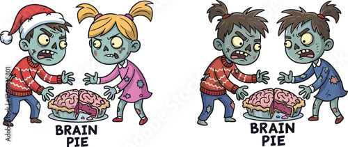 Funny zombie kids fighting over a brain pie wearing Christmas sweaters cartoon vector illustration for holiday horror humor concept design
