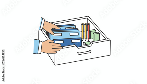 Hands organizing documents and folders in a file cabinet drawer, keeping office supplies like pens, pencils, and erasers neatly arranged, representing office organization and administration