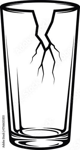 A simple line drawing of a tall clear glass with a prominent crack running down its side