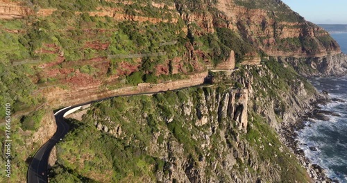 Aerial view of Chapman's Peak Drive during sunset in Cape Town, Western Cape, South Africa.
