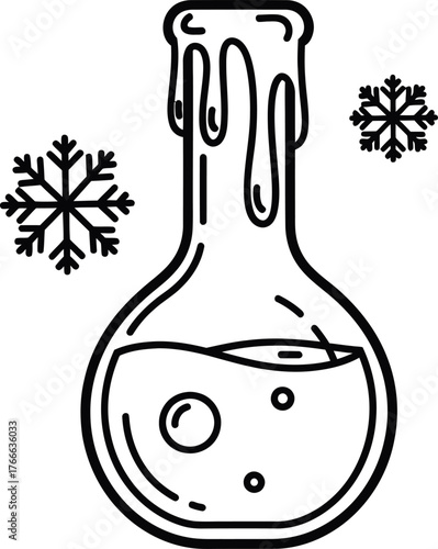 Hand drawn illustration of a laboratory flask with dripping liquid and snowflakes symbolizing cold or freezing