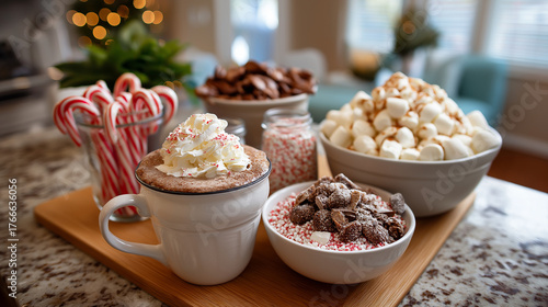Festive hot chocolate bar on kitchen island, candy canes, whipped cream, sprinkles, holiday, cocoa bar, sweets, dessert, family, party, cozy, DIY, treat, winter, with copy space