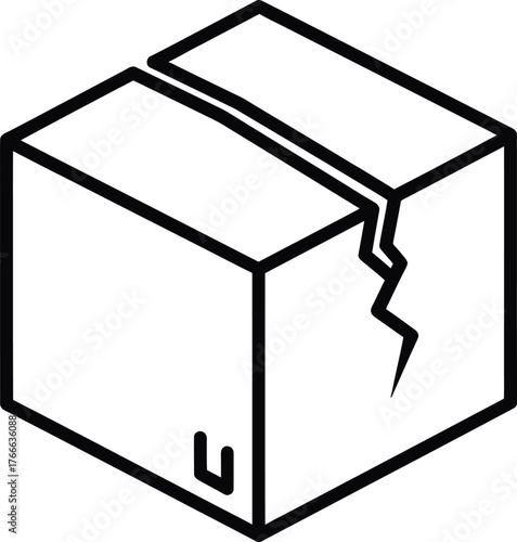 Simple outline illustration of a damaged cardboard shipping box with a cracked lid