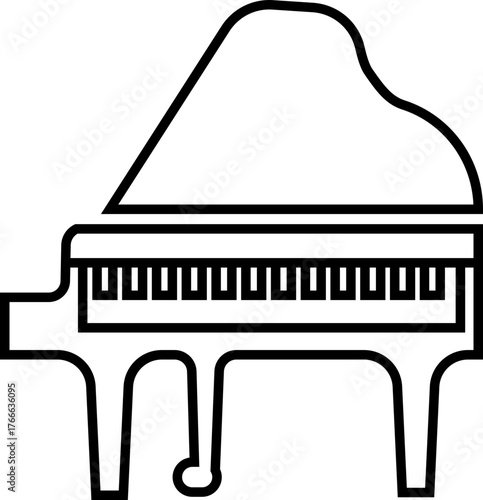Piano Icon Grand Piano Symbol and Musical Instrument Group, Keyboard, Classical Music, Electric Piano, Melody, Performance, Entertainment Vector in Black Line Style
