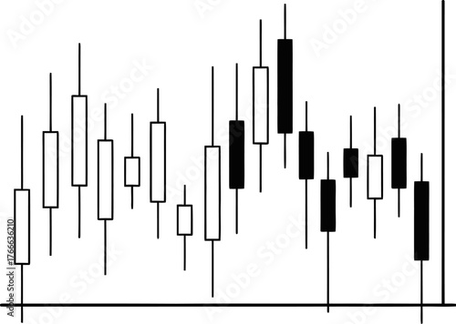 Black and white japanese candlestick chart illustrating stock market price movements over time