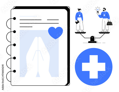 Notebook page with praying hands, a heart, medical cross, and scales with two individuals balancing ideas and work. Ideal for health, empathy, balance, wellness, teamwork spirituality and harmony