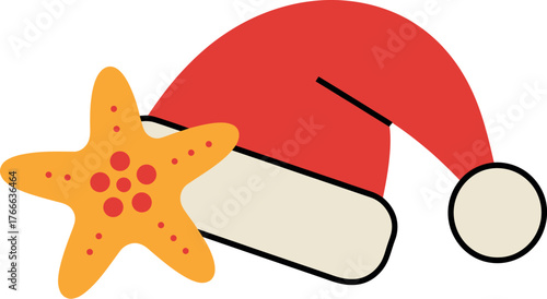 A red Santa hat is adorned with a starfish, suggesting a tropical holiday celebration.