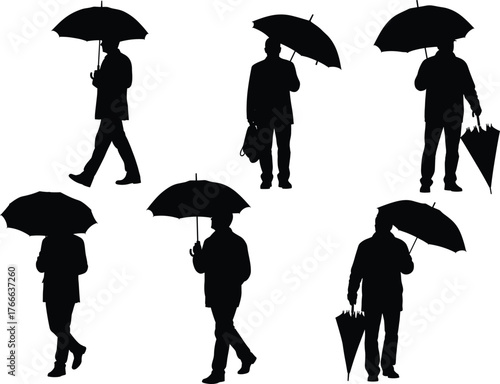 Black silhouette people with umbrellas, formal pose, standing and walking, coat and suit style, rainy day vector illustration design